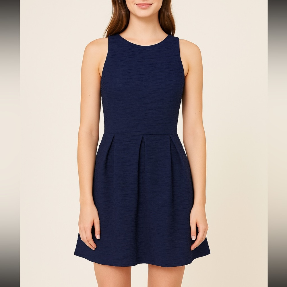 Copper Key Textured Navy Fit & Flare Dress – Gold Zip Back, Size M